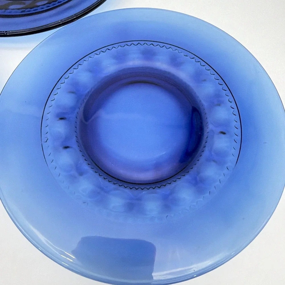 Crown Thumbprint Cobalt Blue Glass Dinner Plates Scalloped Textured Rim Set
